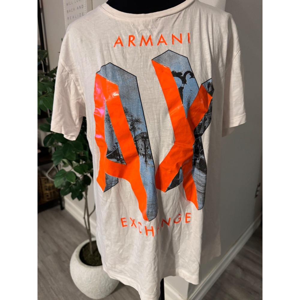 Y2K Armani Exchange Mens Graphic Tee White Neon Orange AX Logo Shirt L